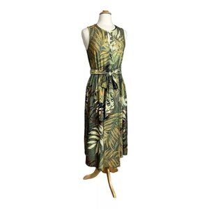 DG2 Diane Gilman Midi Dress M Green Hawaiian Jungle Print Faux Wrap Stretch